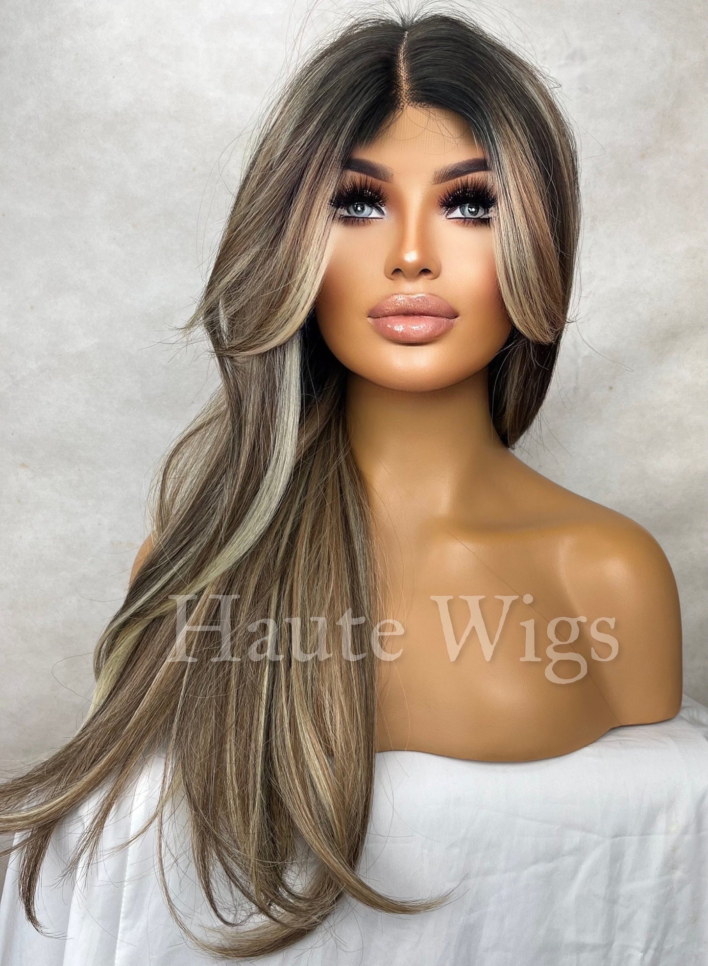 FREE part Lace Brunette Wig with Ash Blonde Highlights: Lace Front Human Hair Blend