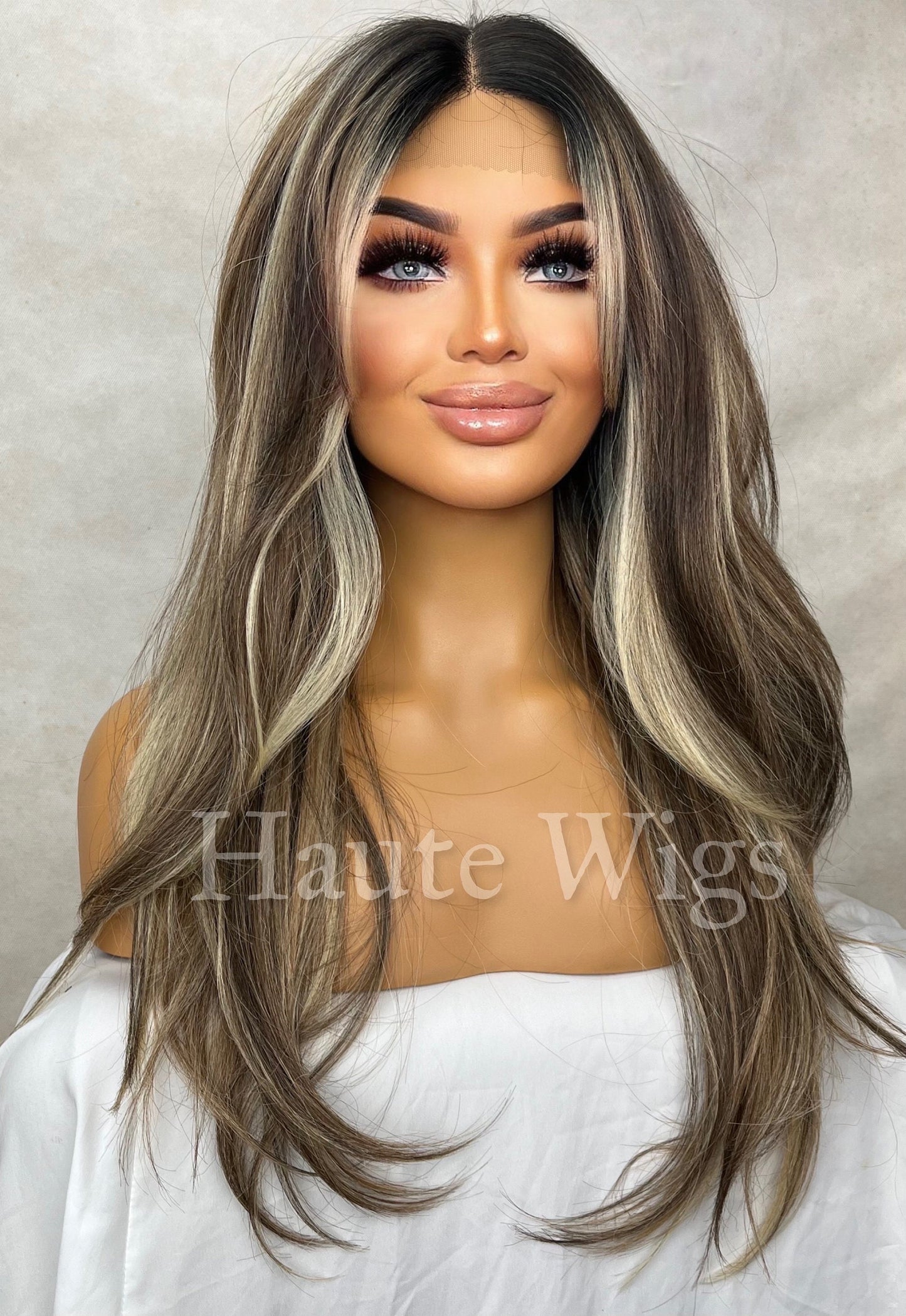 T part Lace Brunette Wig with Ash Blonde Highlights: Lace Front Human Hair Blend