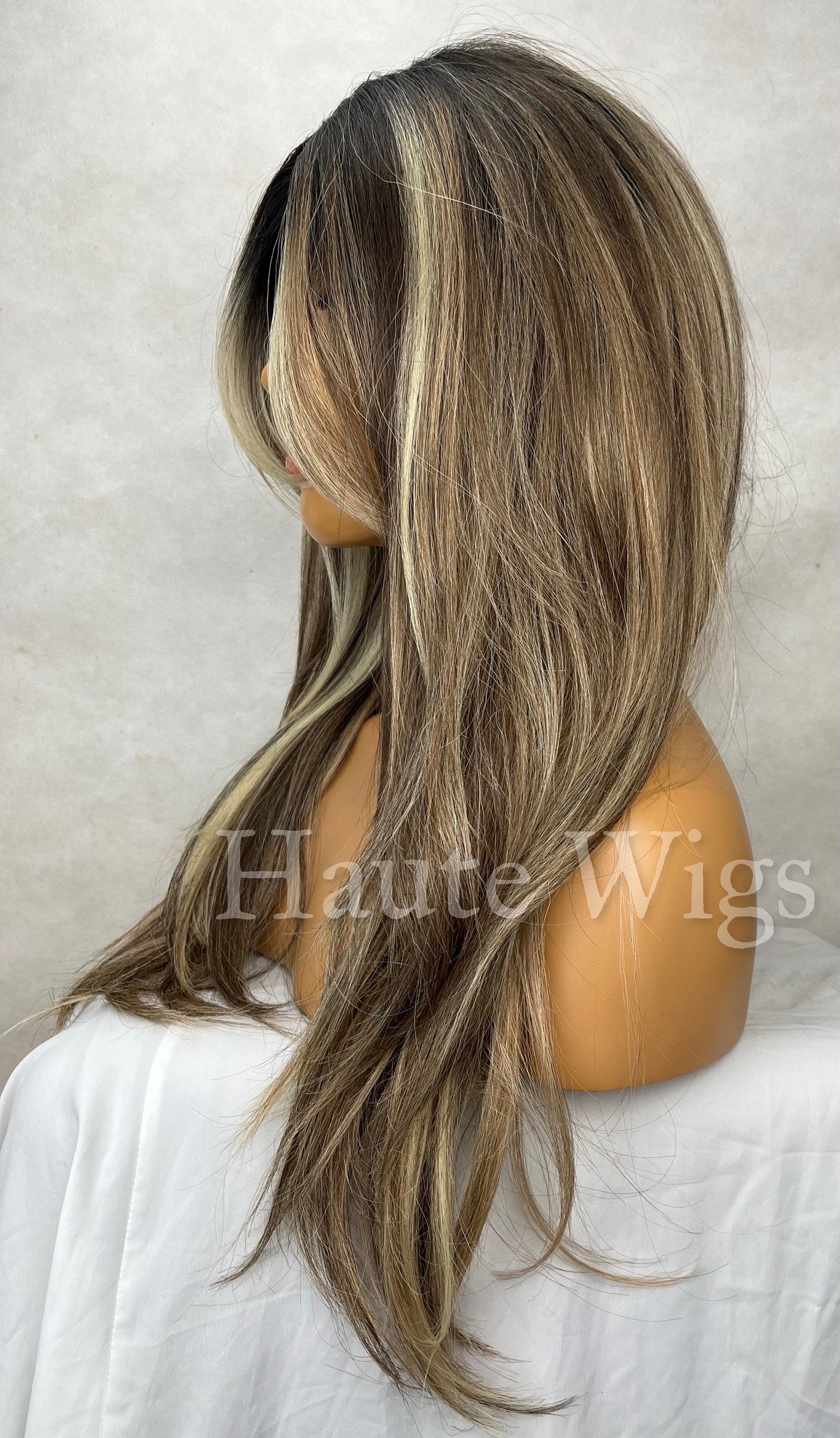 T part Lace Brunette Wig with Ash Blonde Highlights: Lace Front Human Hair Blend