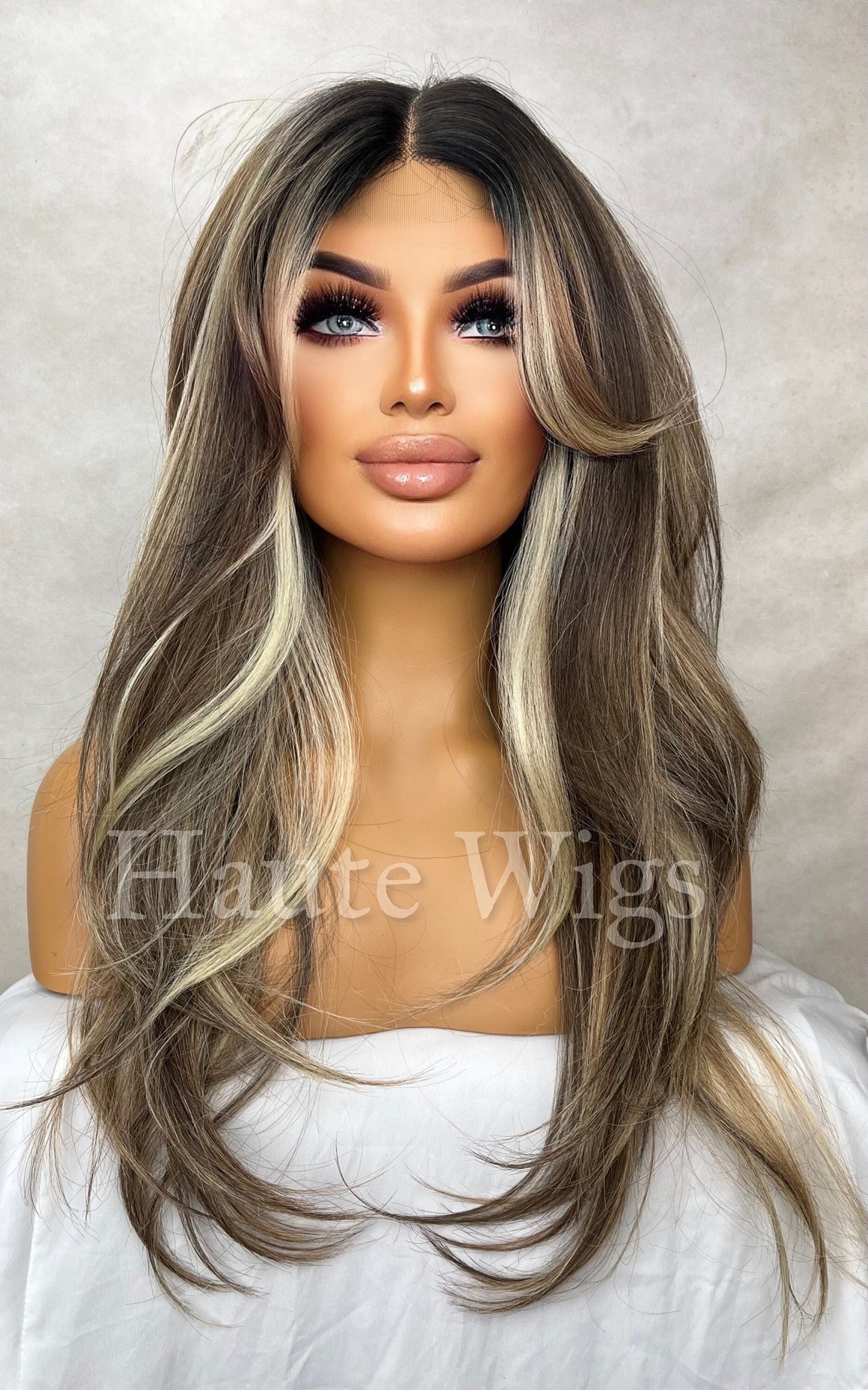 T part Lace Brunette Wig with Ash Blonde Highlights: Lace Front Human Hair Blend