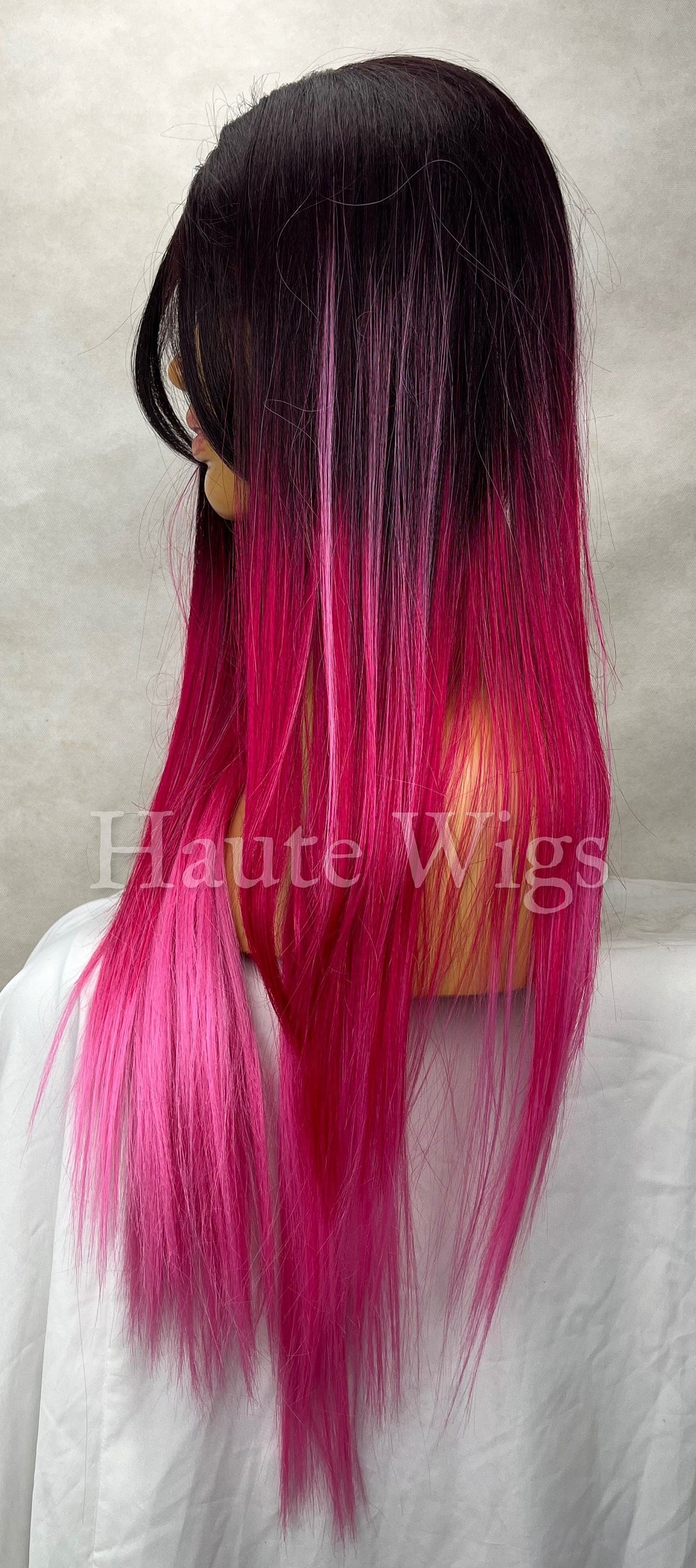 20 Inch Ombre Fuchsia Pink Wig: Human Hair Blend Lace Front