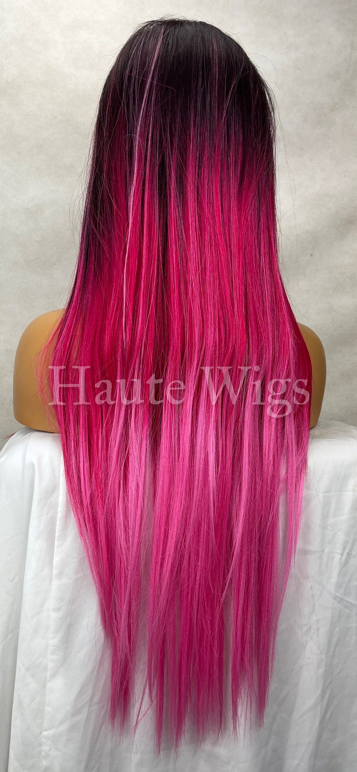 20 Inch Ombre Fuchsia Pink Wig: Human Hair Blend Lace Front