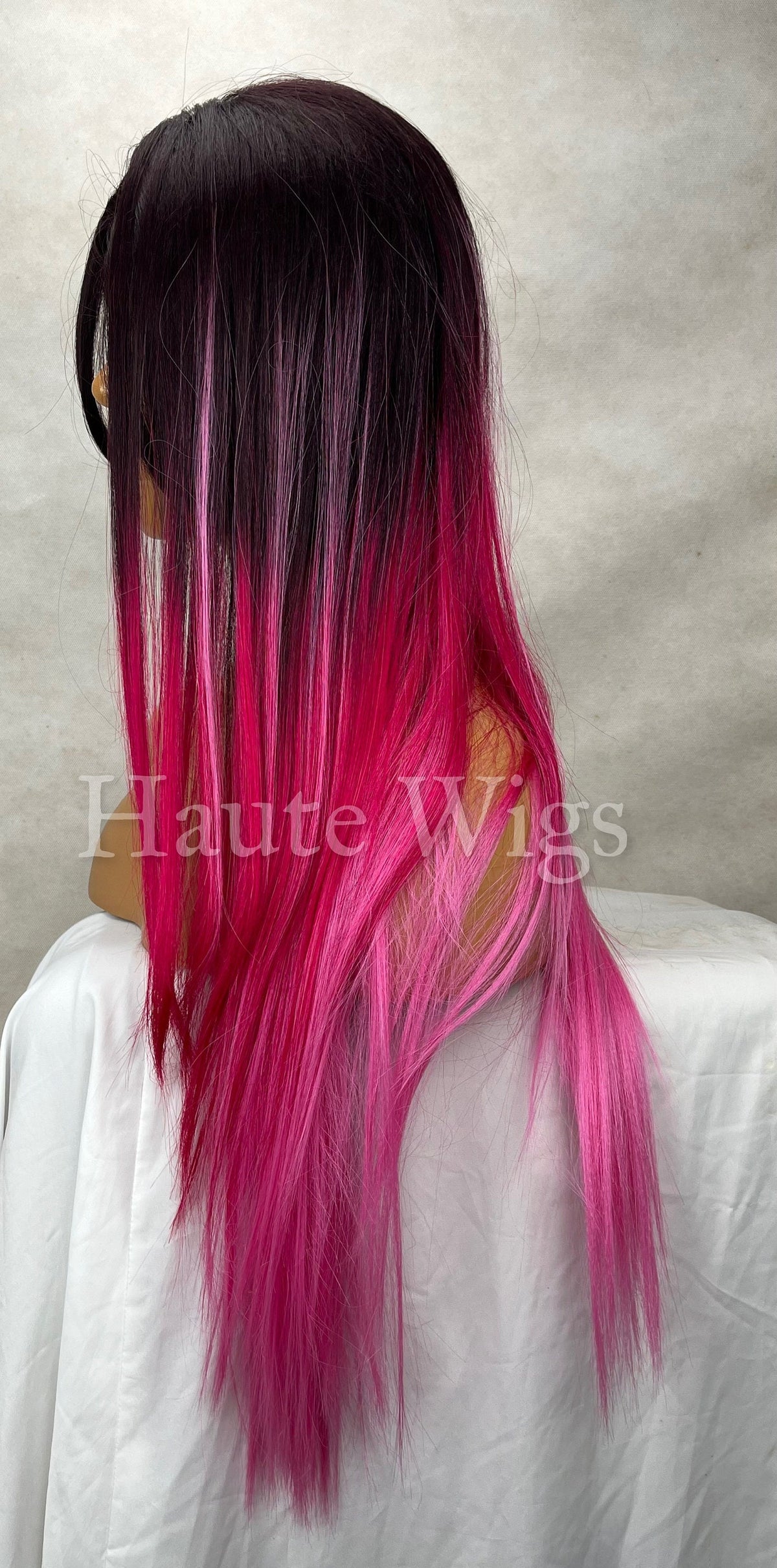 20 Inch Ombre Fuchsia Pink Wig: Human Hair Blend Lace Front