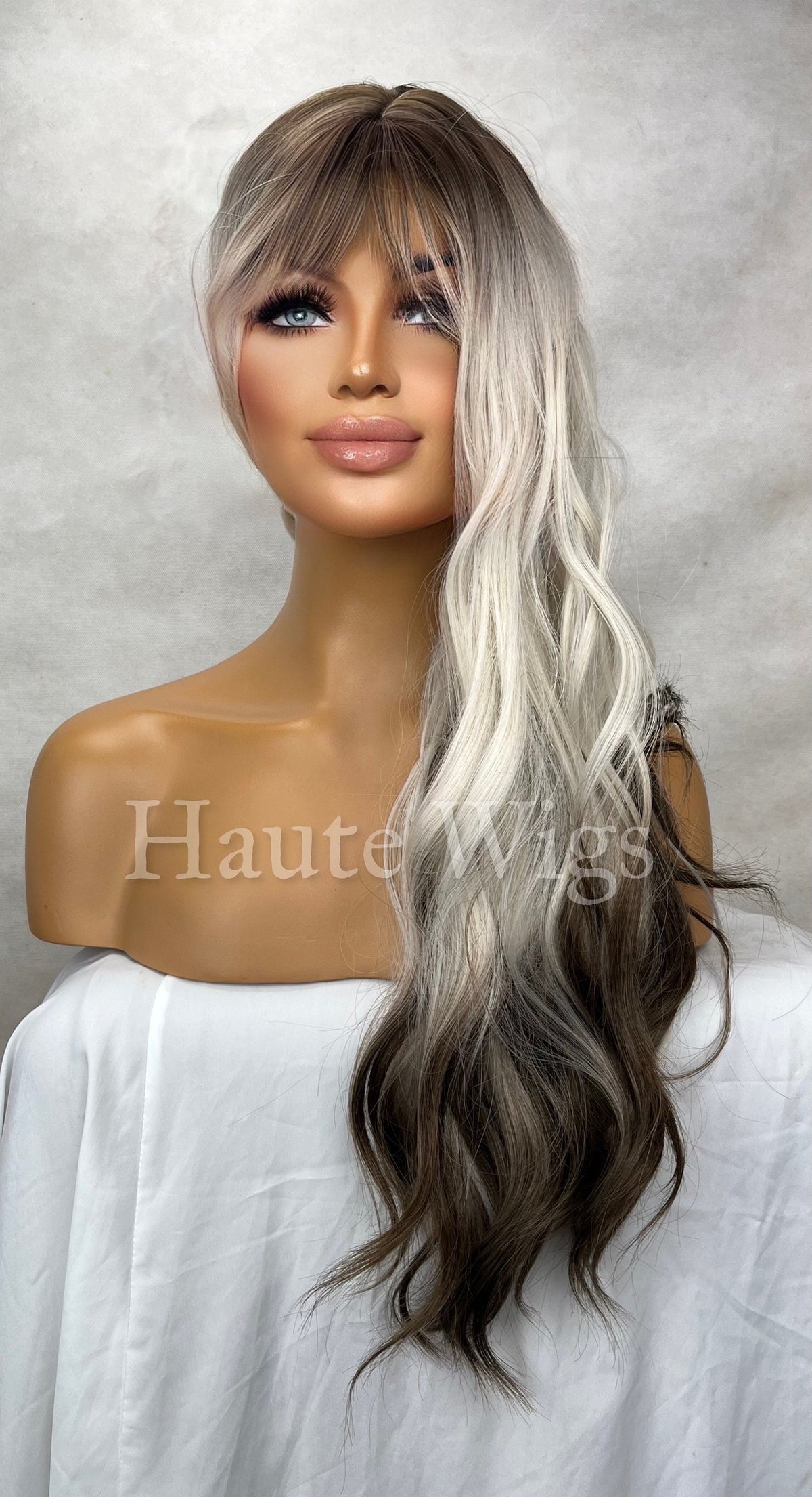 26" Ombré Wig: Ash Blonde to Brown, Layered Wavy Wig with Bangs