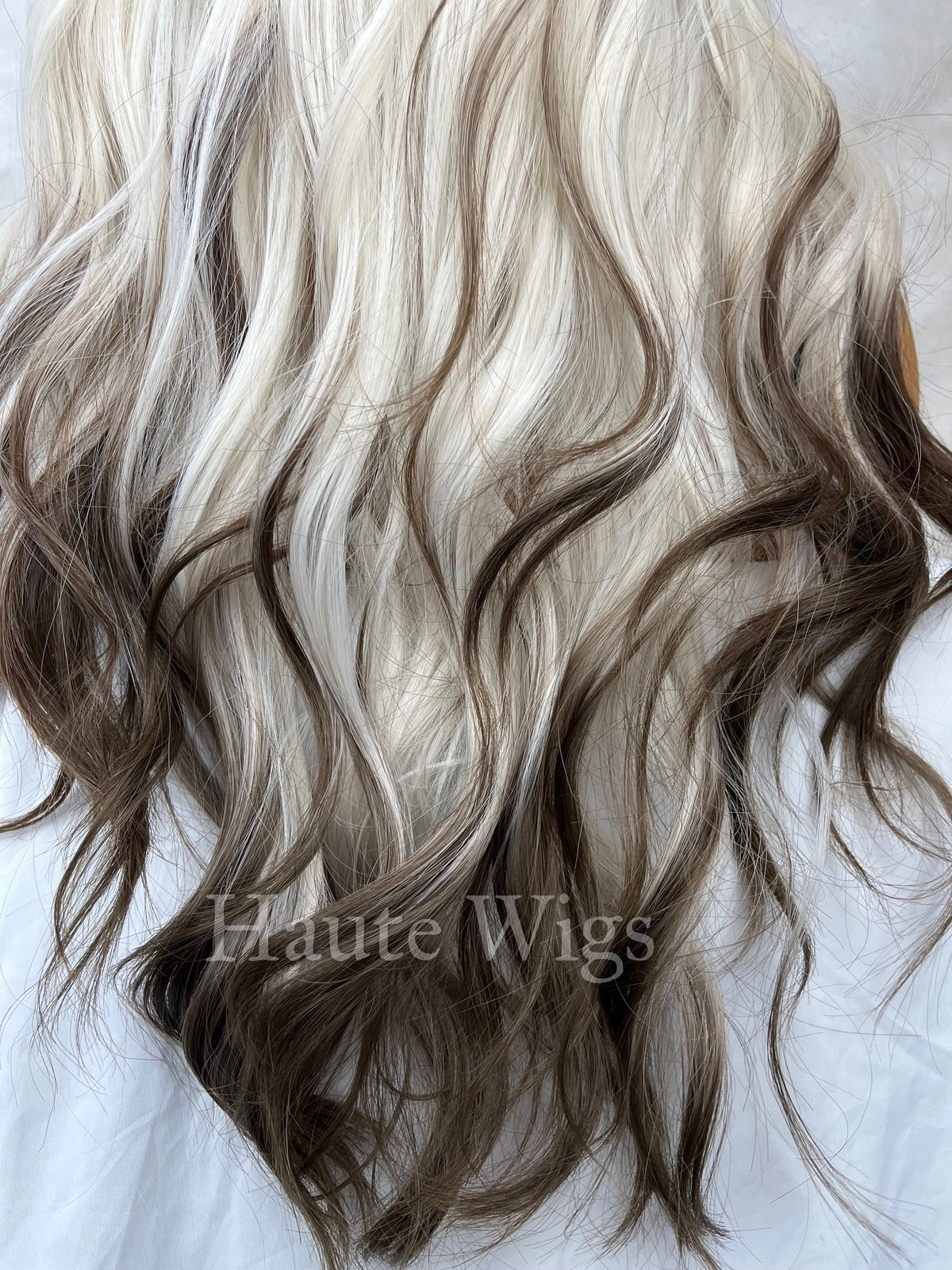 26" Ombré Wig: Ash Blonde to Brown, Layered Wavy Wig with Bangs