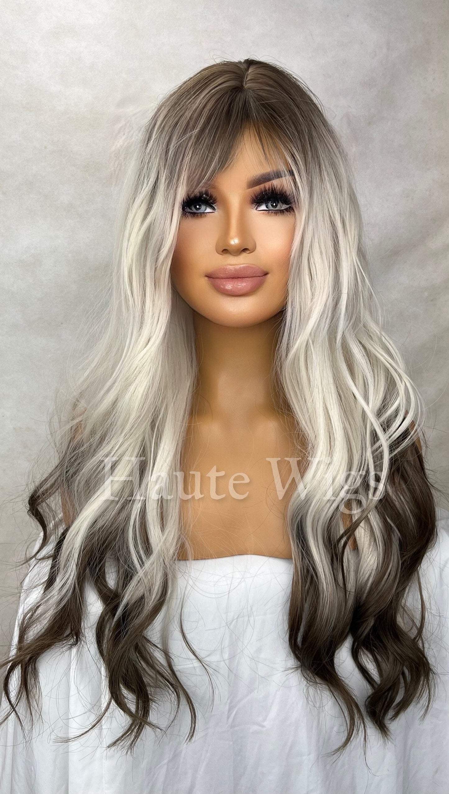 26" Ombré Wig: Ash Blonde to Brown, Layered Wavy Wig with Bangs
