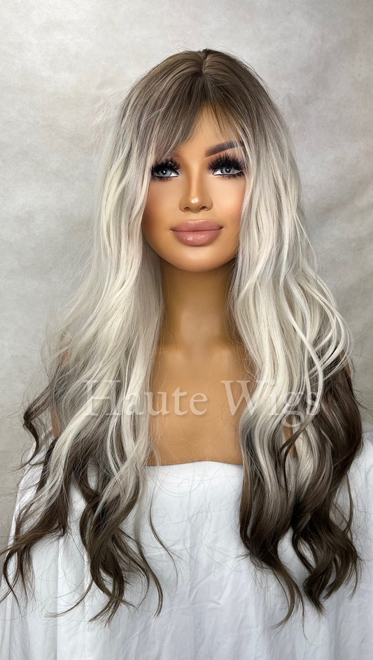 26" Ombré Wig: Ash Blonde to Brown, Layered Wavy Wig with Bangs