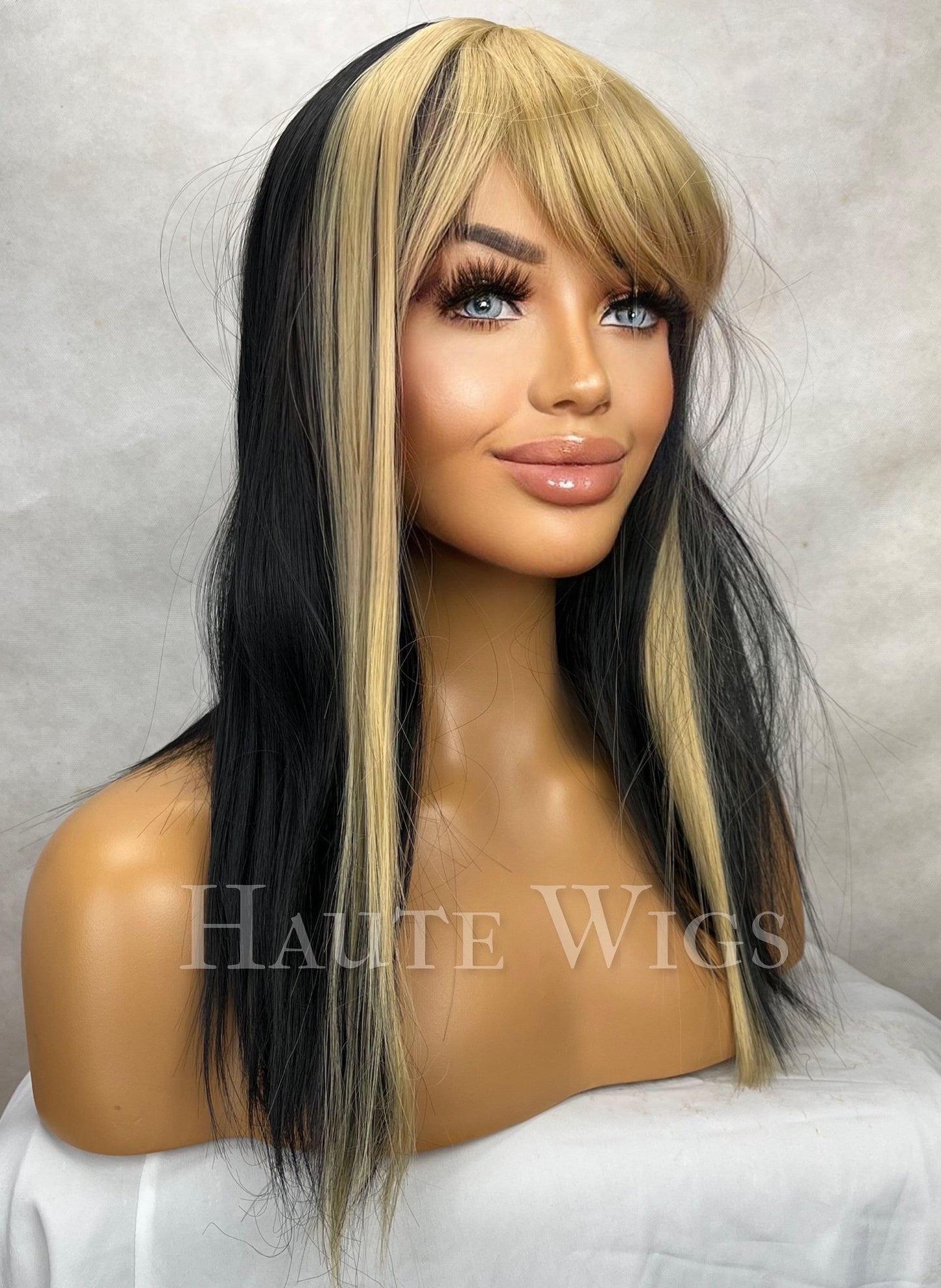 Hot mess - 20 Inch Long Womens Wig Black Brown | Golden Blonde Highlights Streaks Money Piece bangs fringe straight haute wigs role play