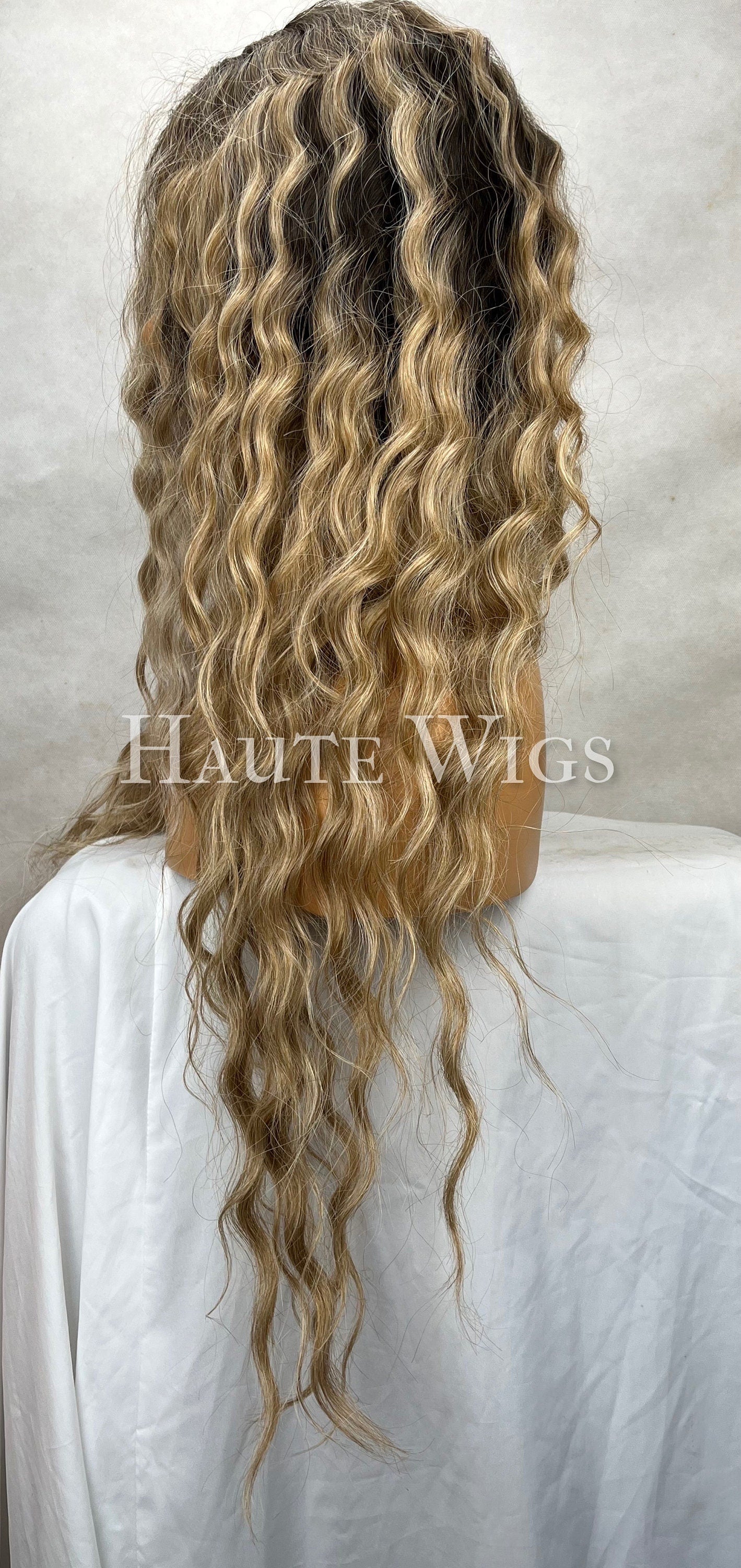 Ash Blonde Ombre Curly Wig: Dark Roots Lace Front Human Hair Blend