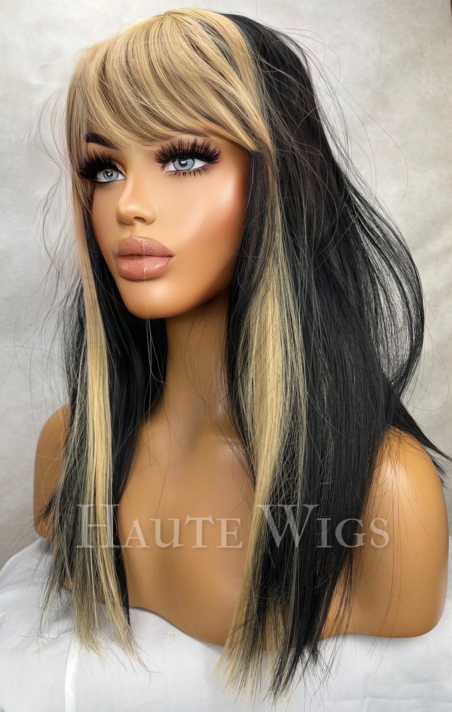 Hot mess - 20 Inch Long Womens Wig Black Brown | Golden Blonde Highlights Streaks Money Piece bangs fringe straight haute wigs role play