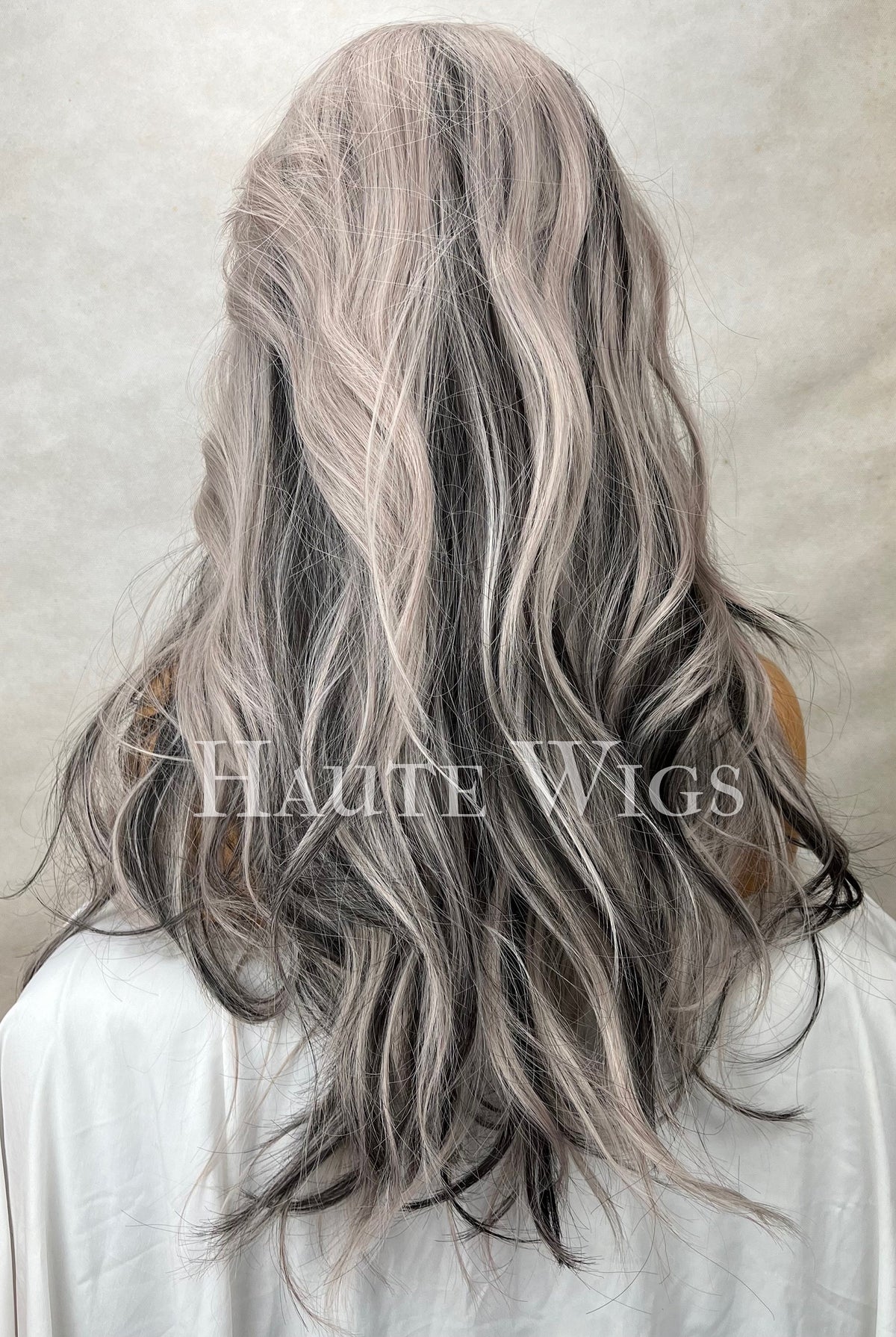Platinum Silver & Black Wavy Wig with Bangs - 24 Inch