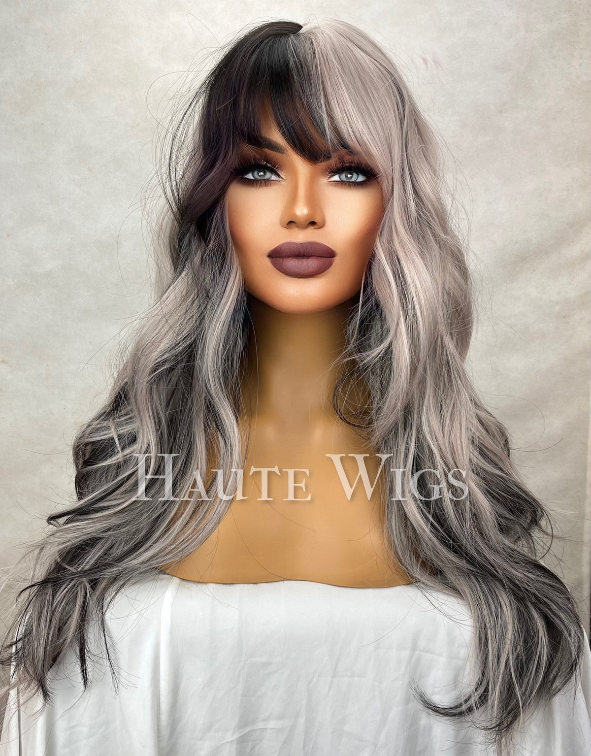 Platinum Silver & Black Wavy Wig with Bangs - 24 Inch