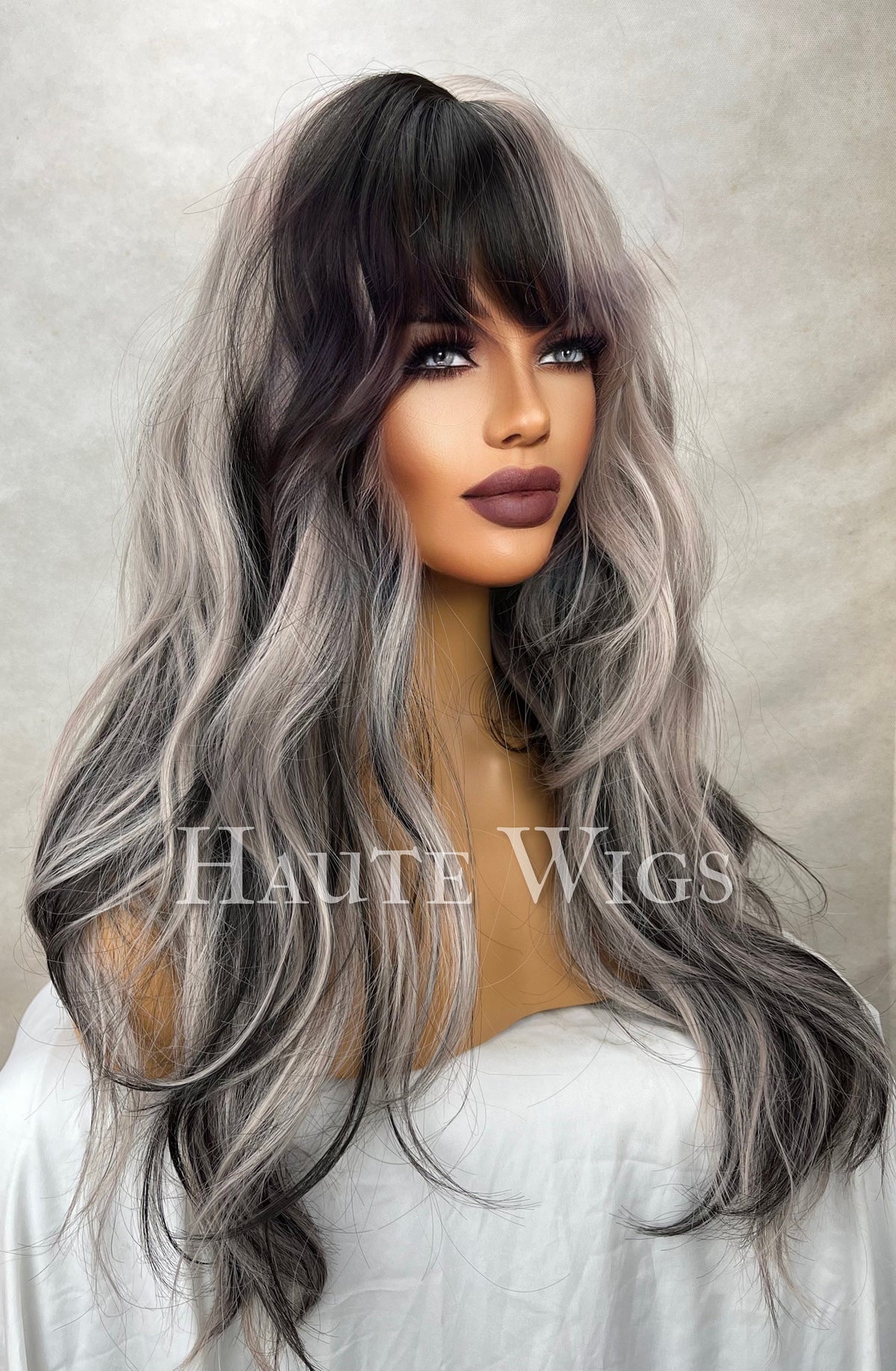 Platinum Silver & Black Wavy Wig with Bangs - 24 Inch