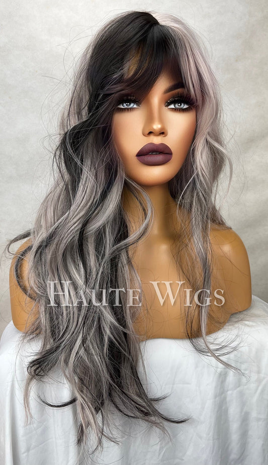 Platinum Silver & Black Wavy Wig with Bangs - 24 Inch