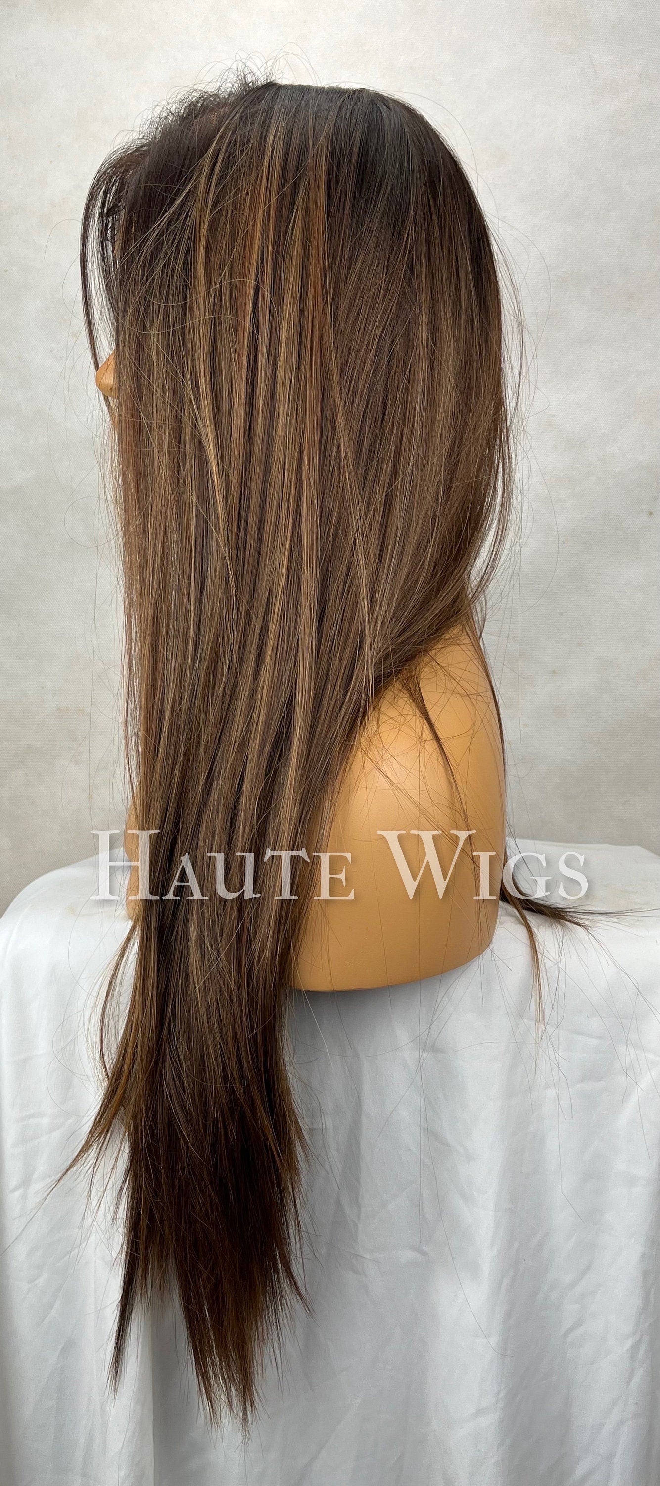 Free Part Natural Look Wig with Streaks | Brown streaks Highlight Lace Front Wig | Straight Human Hair Blend Synthetic Wig | Layered