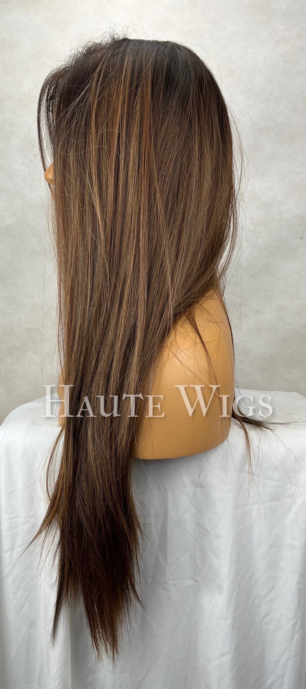 Free Part Natural Look Wig with Streaks | Brown streaks Highlight Lace Front Wig | Straight Human Hair Blend Synthetic Wig | Layered