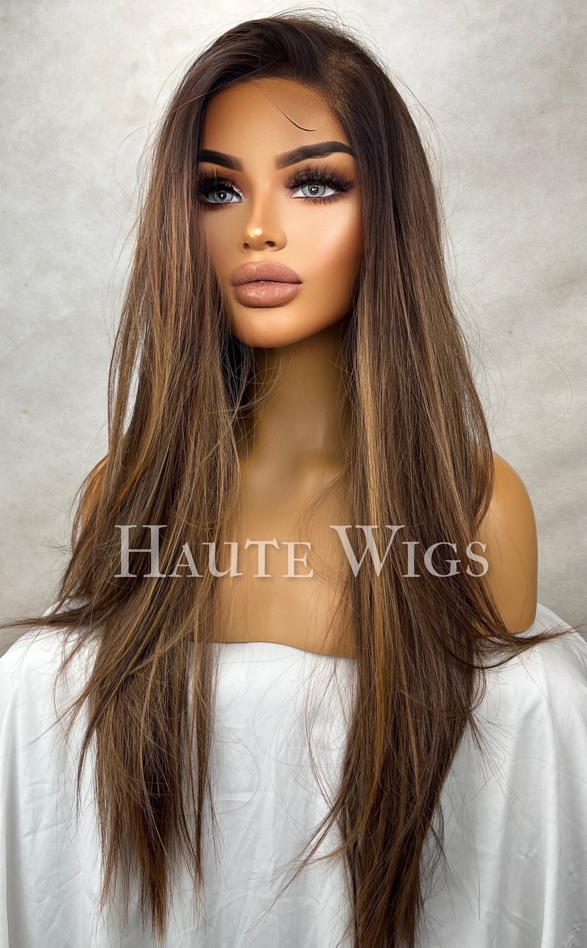 Free Part Natural Look Wig with Streaks | Brown streaks Highlight Lace Front Wig | Straight Human Hair Blend Synthetic Wig | Layered