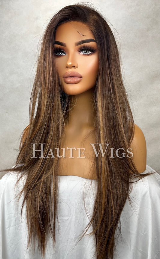 Free Part Natural Look Wig with Streaks | Brown streaks Highlight Lace Front Wig | Straight Human Hair Blend Synthetic Wig | Layered