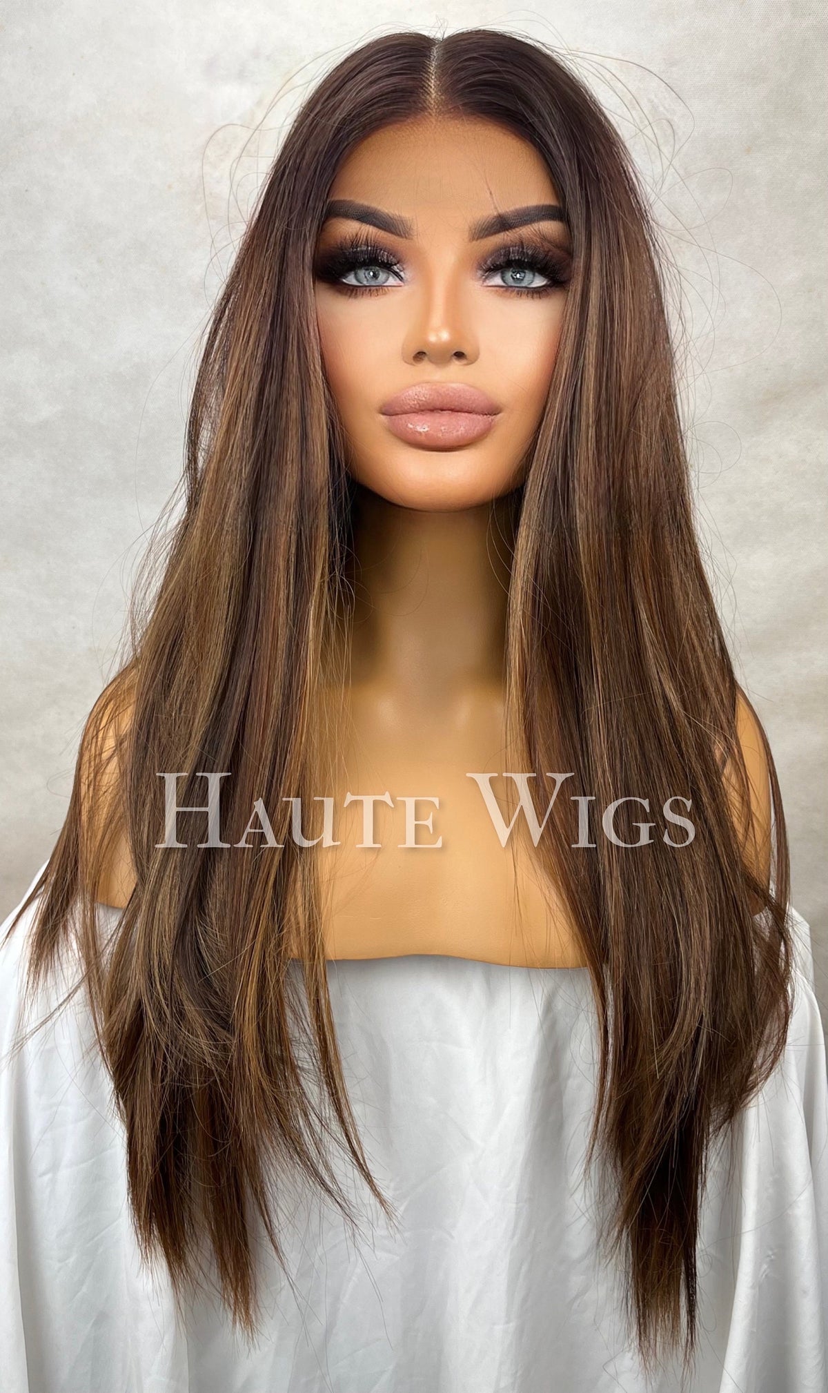Free Part Natural Look Wig with Streaks | Brown streaks Highlight Lace Front Wig | Straight Human Hair Blend Synthetic Wig | Layered