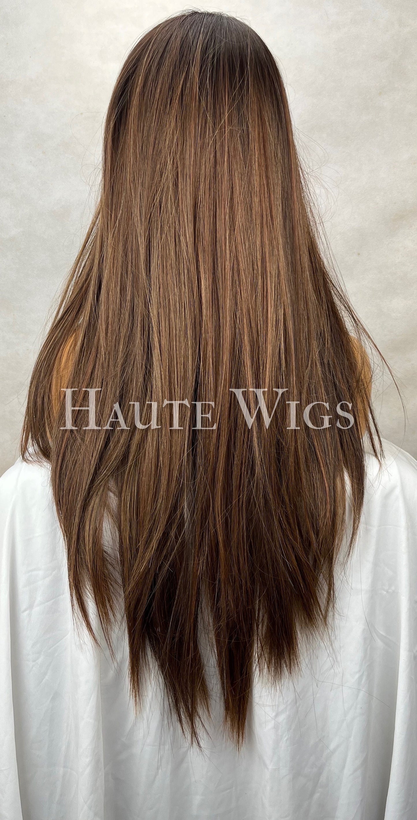 Free Part Natural Look Wig with Streaks | Brown streaks Highlight Lace Front Wig | Straight Human Hair Blend Synthetic Wig | Layered