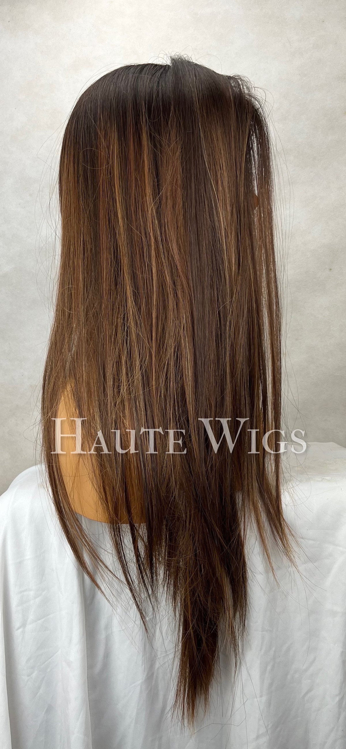 Free Part Natural Look Wig with Streaks | Brown streaks Highlight Lace Front Wig | Straight Human Hair Blend Synthetic Wig | Layered