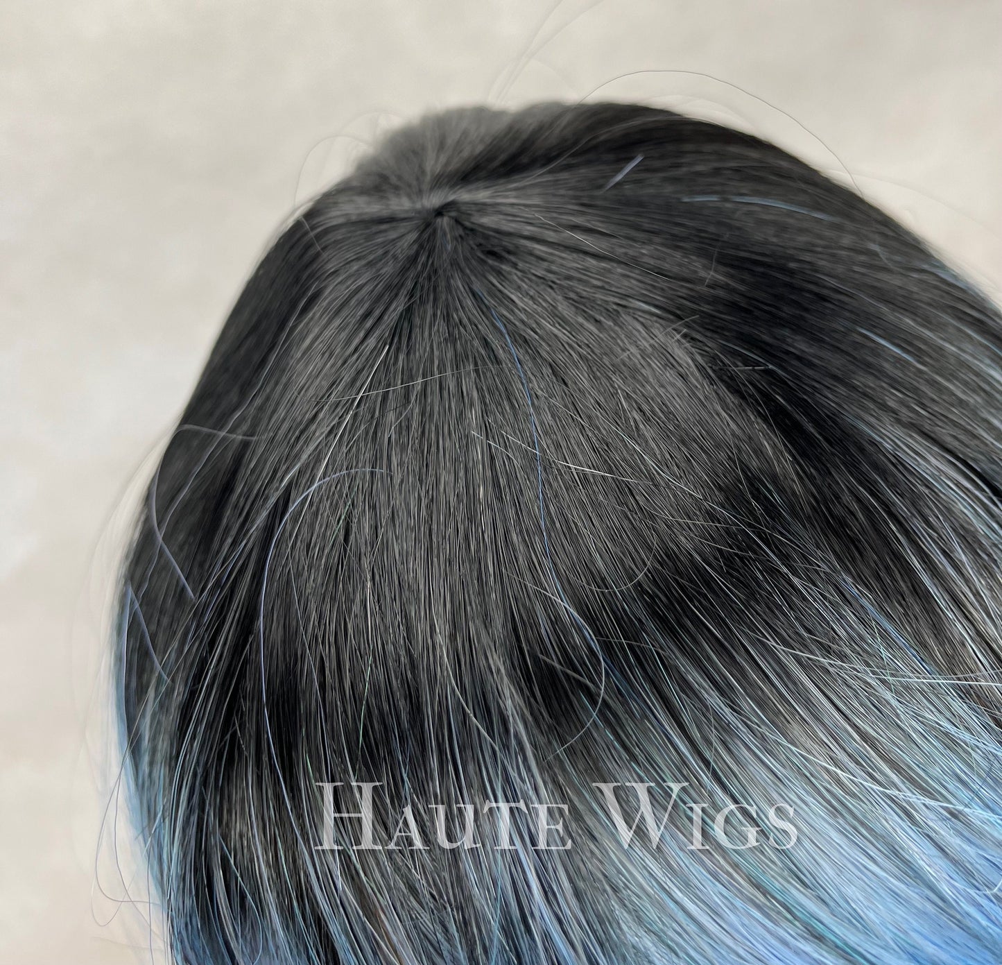Blue Ombre Wig with Bangs: 16 Inch Straight Hair, No Lace Front