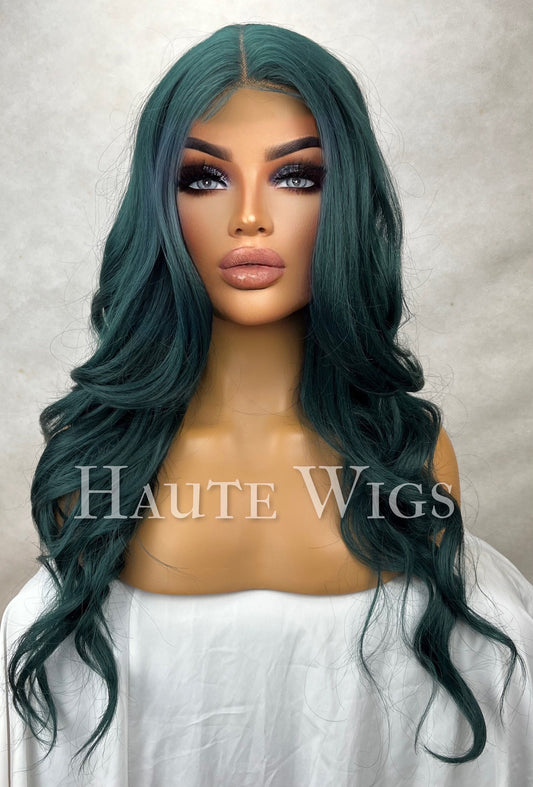 Emerald Green Wavy Wig: 24" Lace Front Human Hair Blend