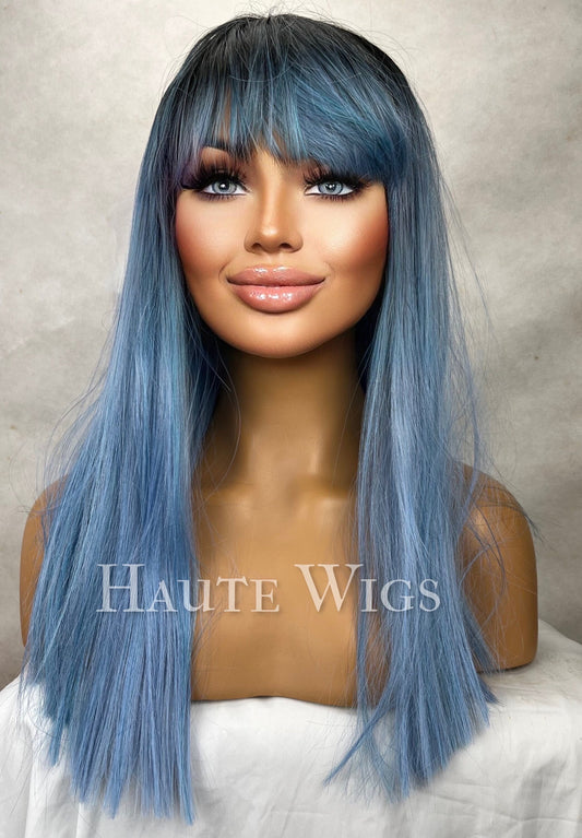 Blue Ombre Wig with Bangs: 16 Inch Straight Hair, No Lace Front