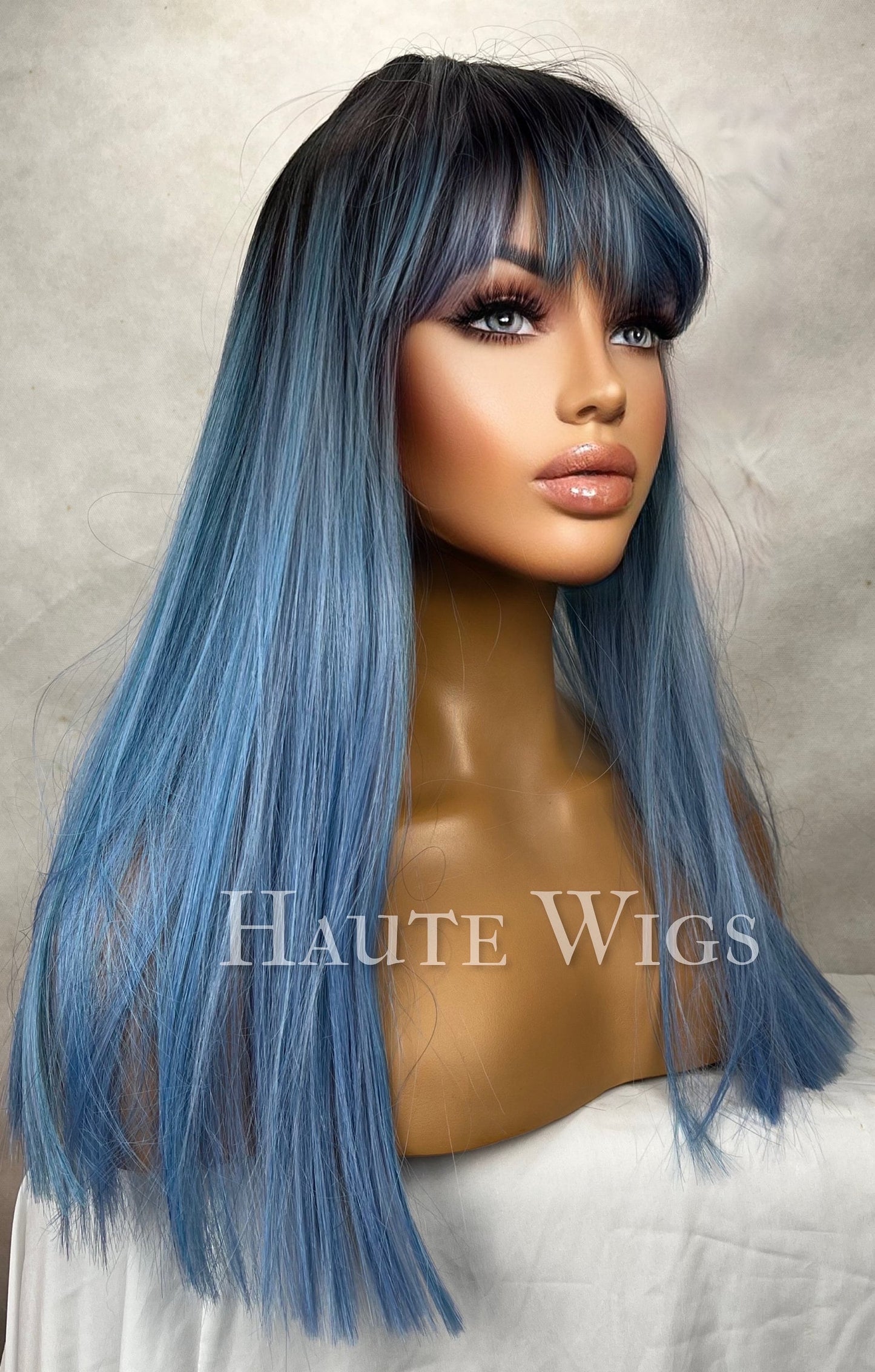Blue Ombre Wig with Bangs: 16 Inch Straight Hair, No Lace Front