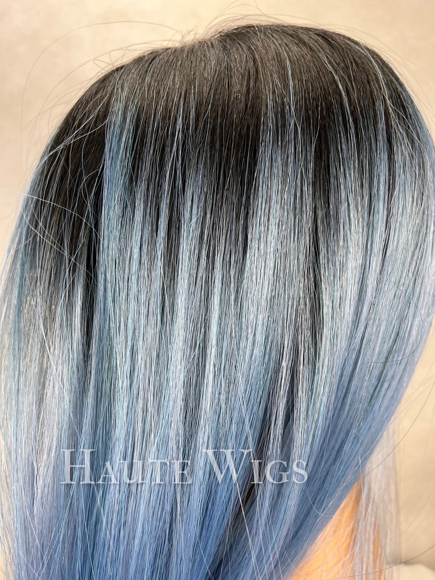 Blue Ombre Wig with Bangs: 16 Inch Straight Hair, No Lace Front