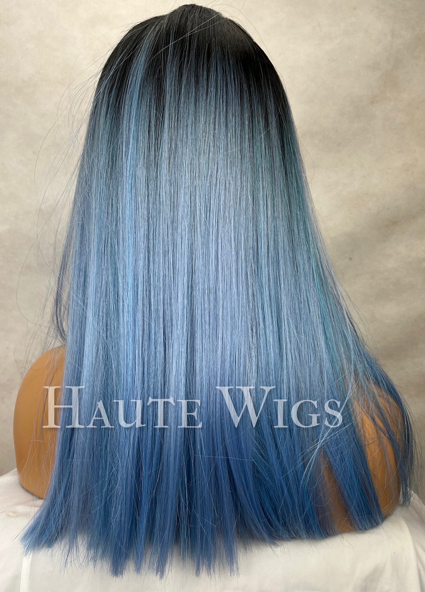 Blue Ombre Wig with Bangs: 16 Inch Straight Hair, No Lace Front