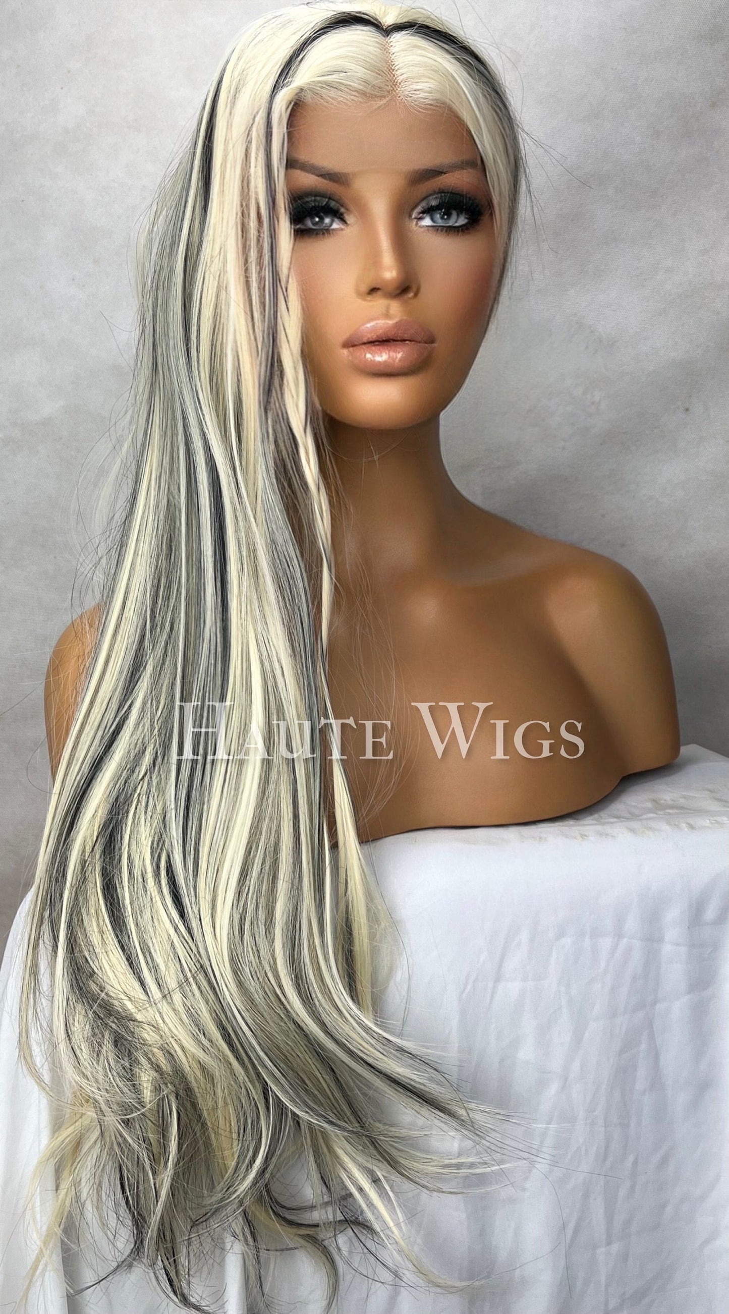 Xtina Dirty inspo wig Long Blonde Wig: Black Streaks, Lace Front, Heat Resistant