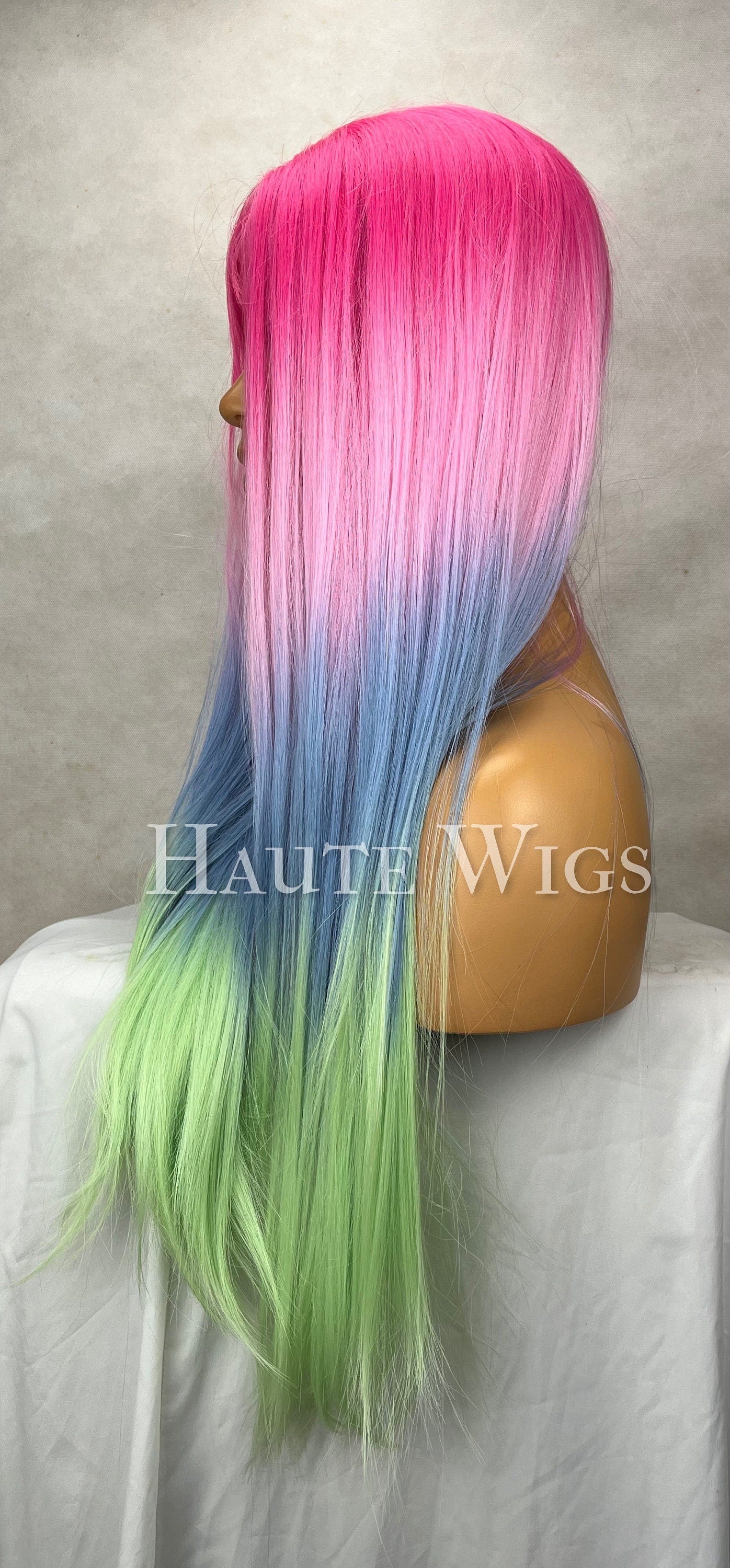 32 Inch Ombré Lace Front Wig: Pink, Green & Blue Gradient