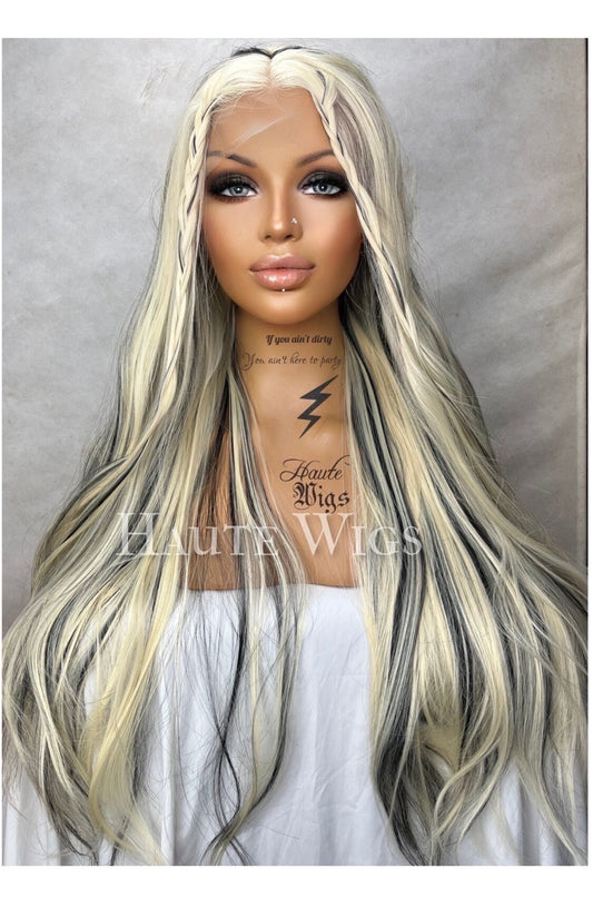 Xtina Dirty inspo wig Long Blonde Wig: Black Streaks, Lace Front, Heat Resistant