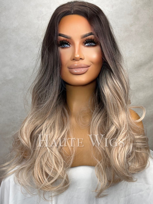 Ash Brown Blonde Balayage Wig: 26 Inch Straight Synthetic Wig