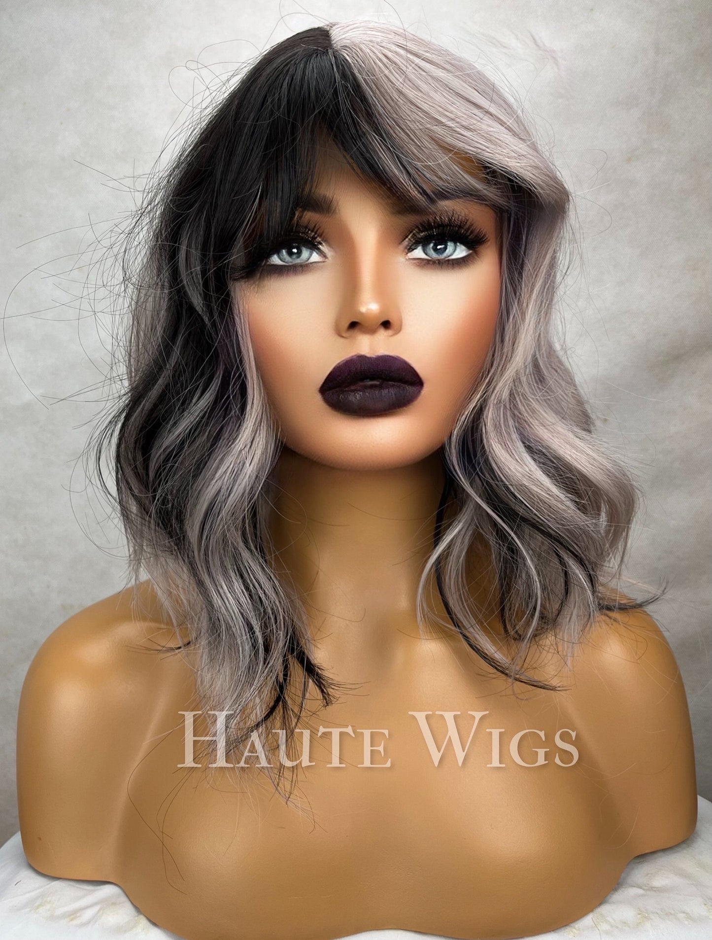 Corpse Bride Wig: Black & Platinum Silver Wavy Wig with Bangs