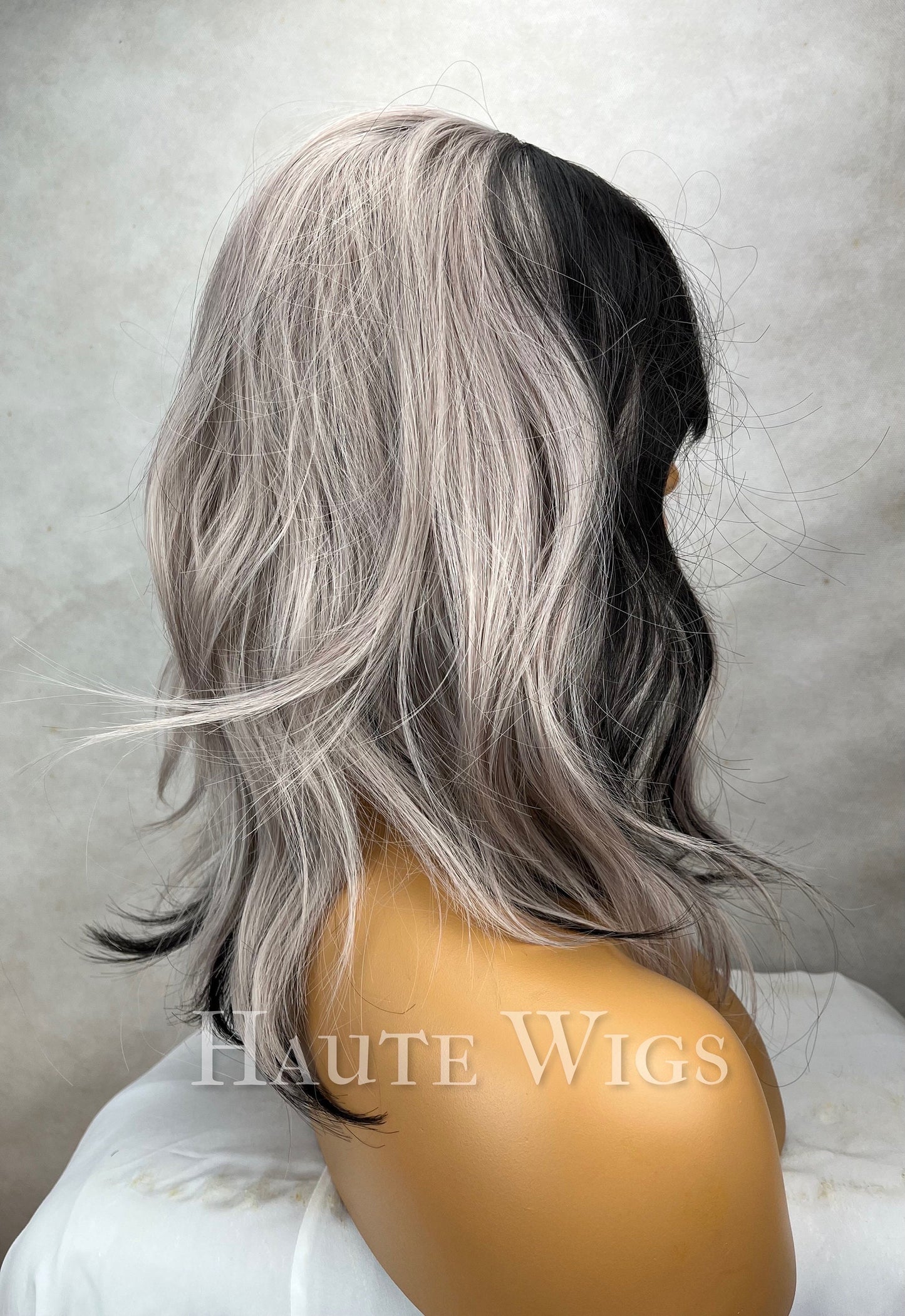 Corpse Bride Wig: Black & Platinum Silver Wavy Wig with Bangs