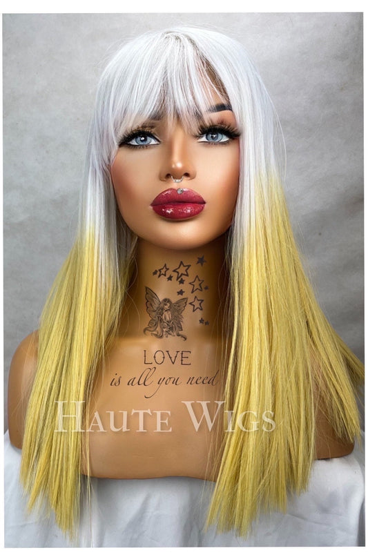 Ash White to Lemon Yellow Gradient Wig with Bangs