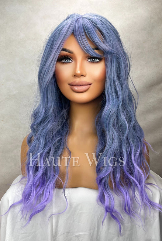Blue Lilac Wavy Wig with Bangs: Heat Resistant Synthetic Hair