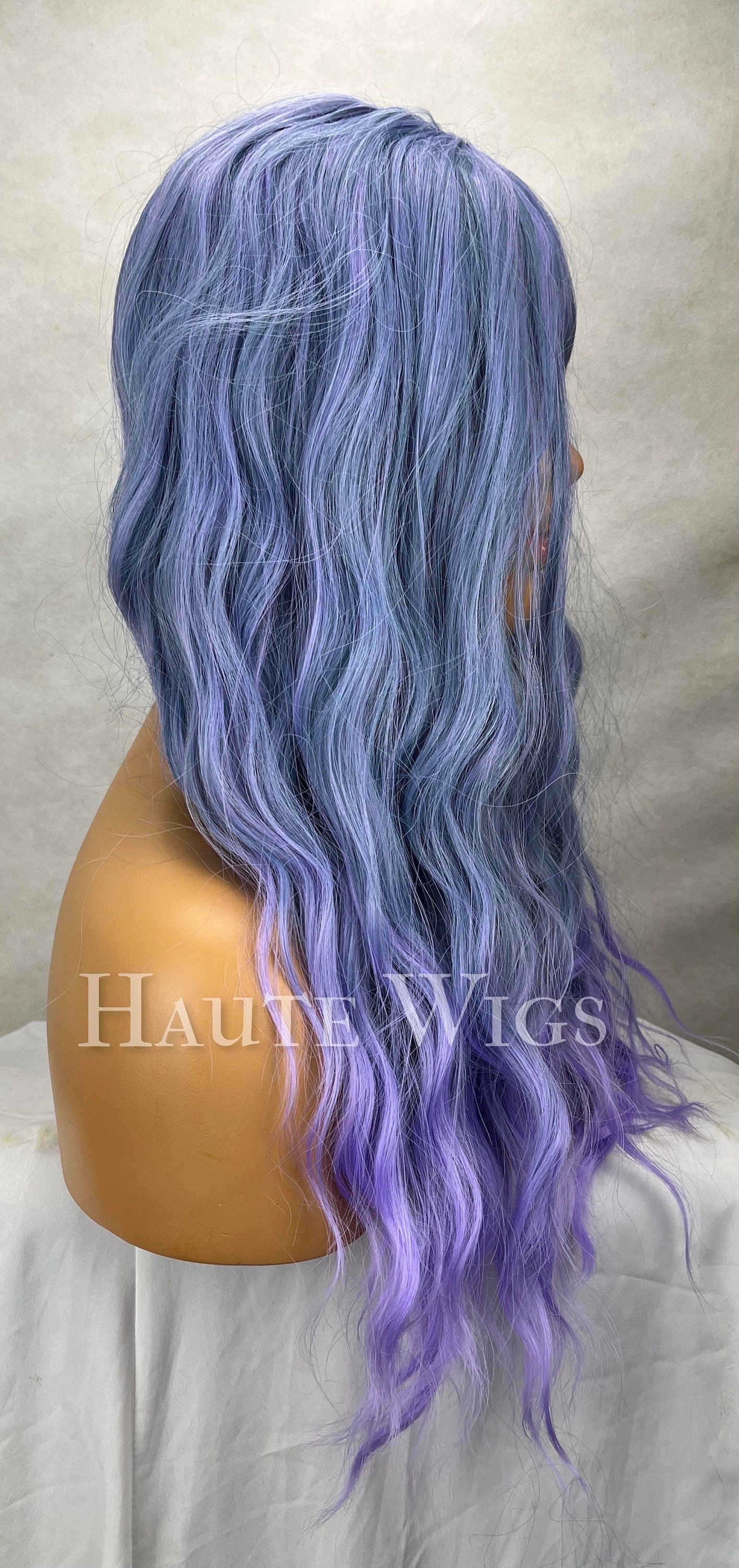 Blue Lilac Wavy Wig with Bangs: Heat Resistant Synthetic Hair