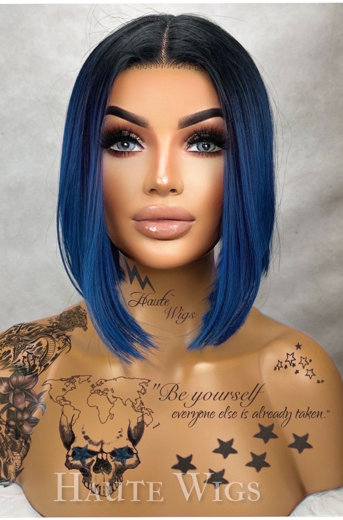 Midnight Blue Ombre Bob Wig: 12 Inch Lace Front Human Hair Blend