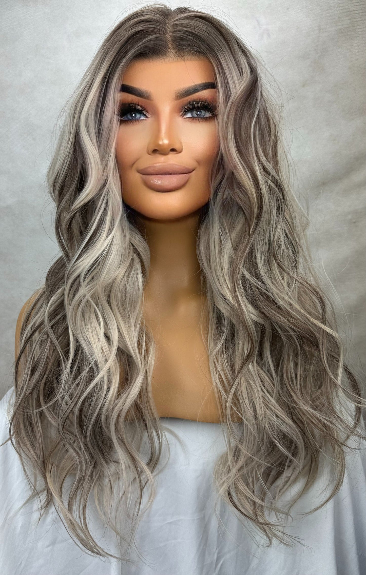 Ash Blonde Ombré Wig: 22" Long Wavy Lace Front Wig