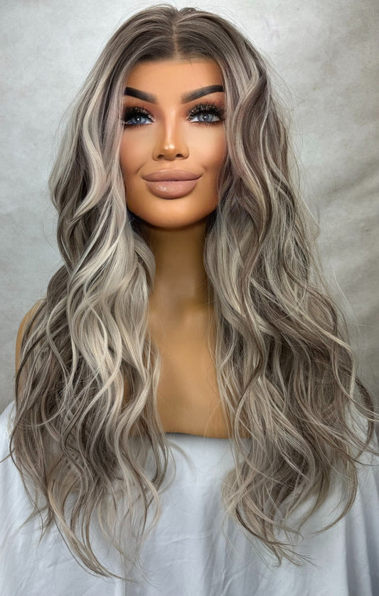 Ash Blonde Ombré Wig: 22" Long Wavy Lace Front Wig