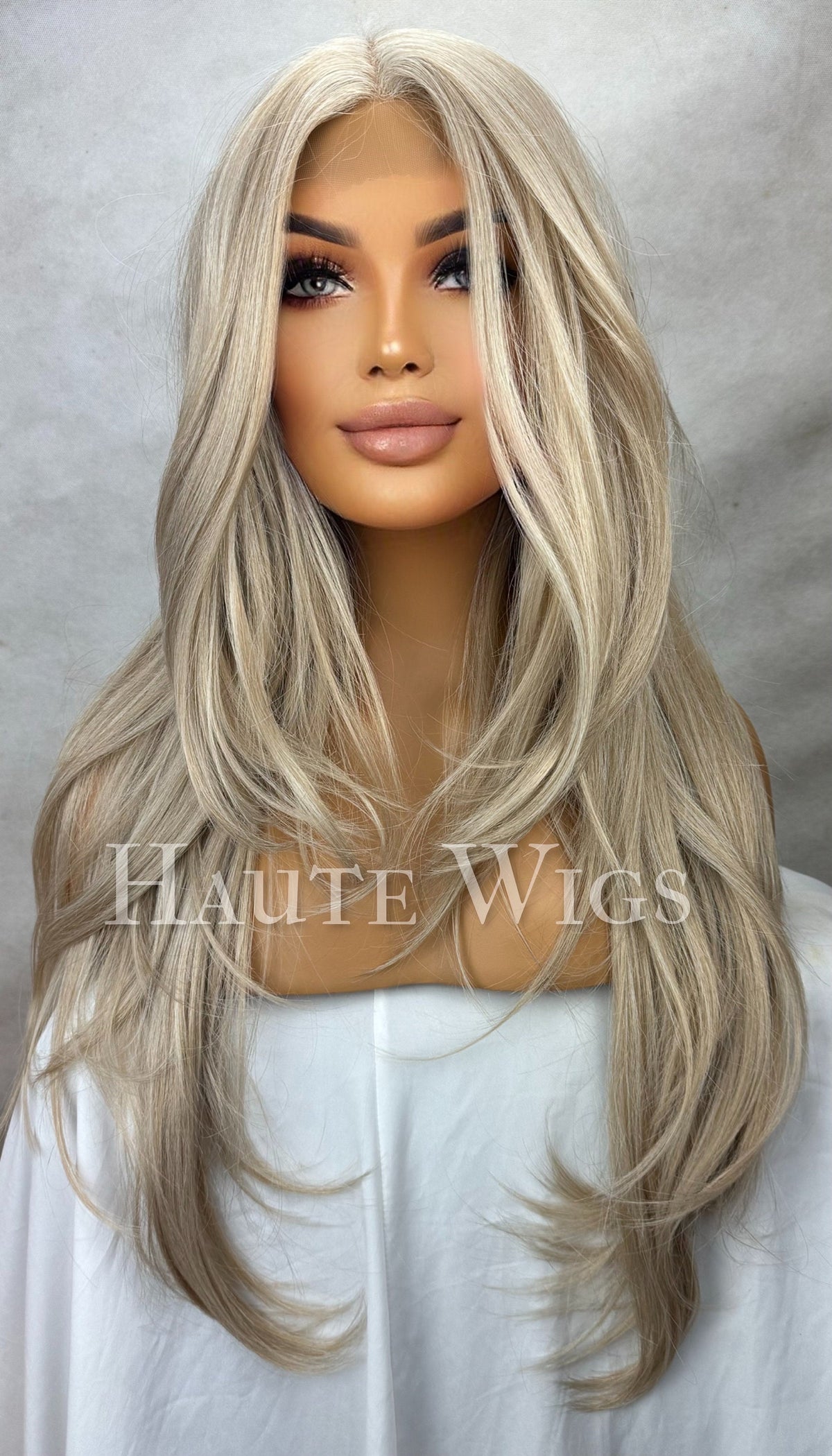 Glory: 26" Layered Ash Blonde Wig, Lace Front, Human Hair Blend