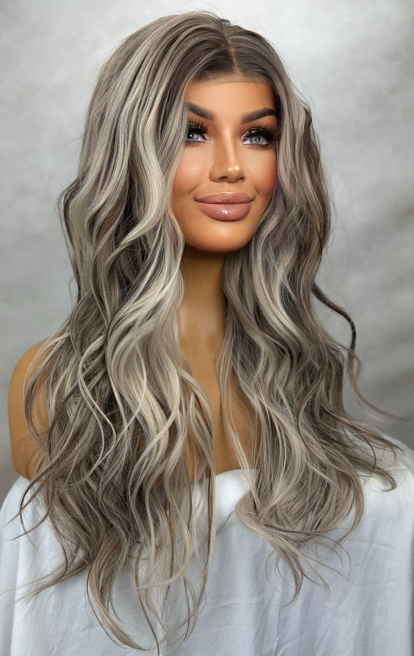 Ash Blonde Ombré Wig: 22" Long Wavy Lace Front Wig