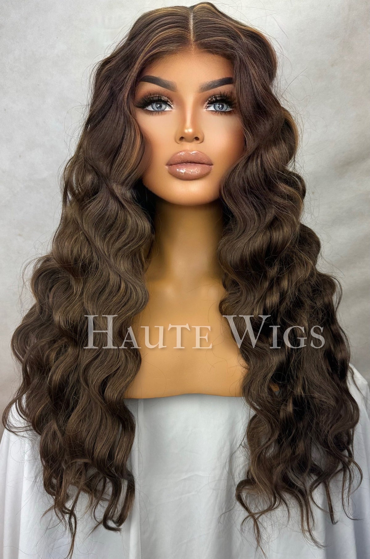 24 Inch Dark Brown Balayage Wig: Golden Blonde Highlights, Curly Wavy Lace Front
