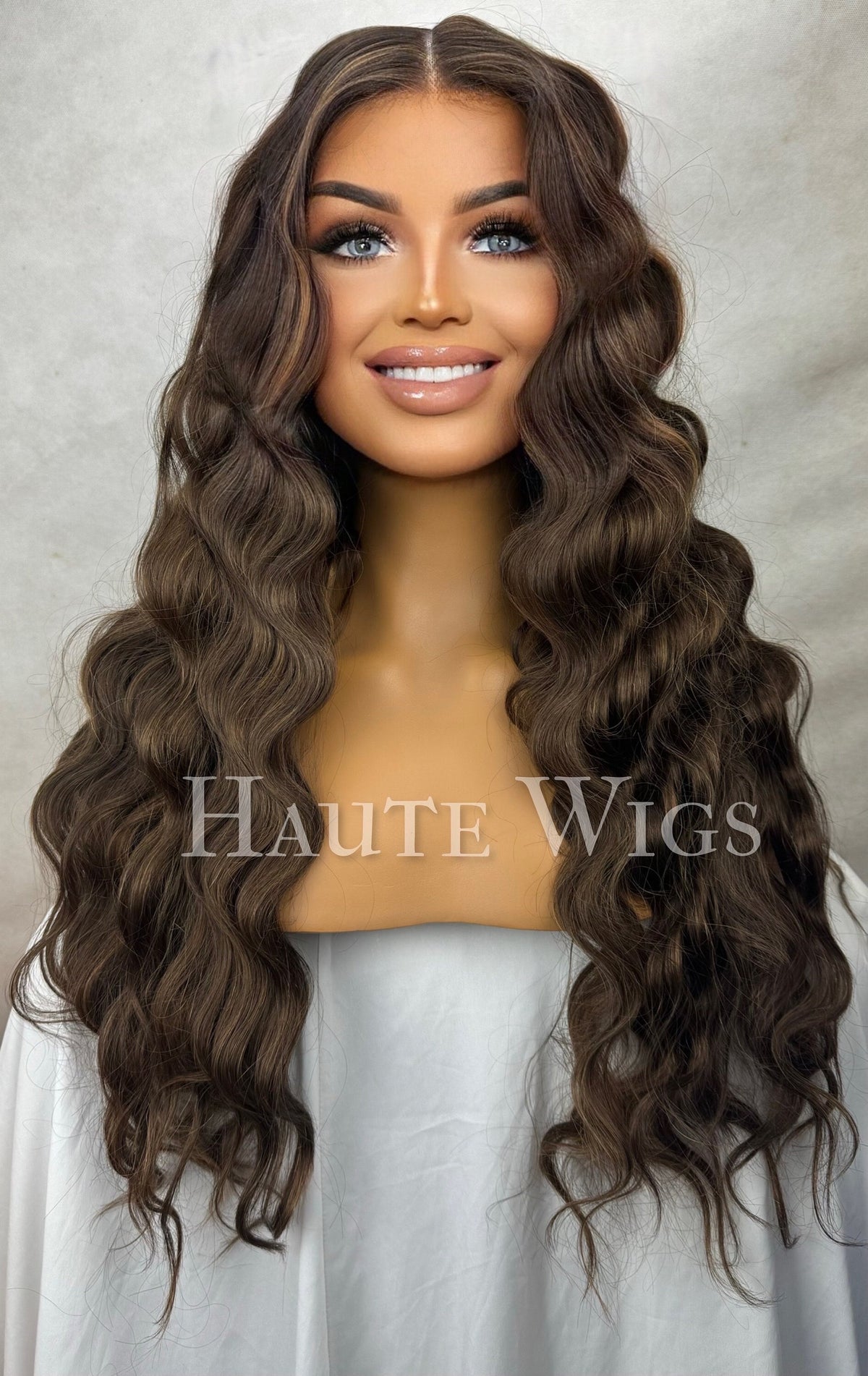 24 Inch Dark Brown Balayage Wig: Golden Blonde Highlights, Curly Wavy Lace Front