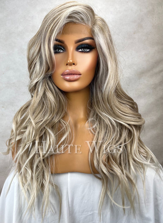 Ash Blonde Balayage Wig: 28 Inch Wavy Lace Front Wig