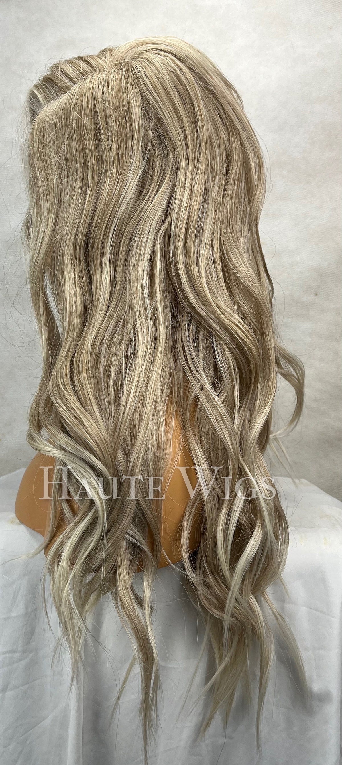 Ash Blonde Balayage Wig: 28 Inch Wavy Lace Front Wig