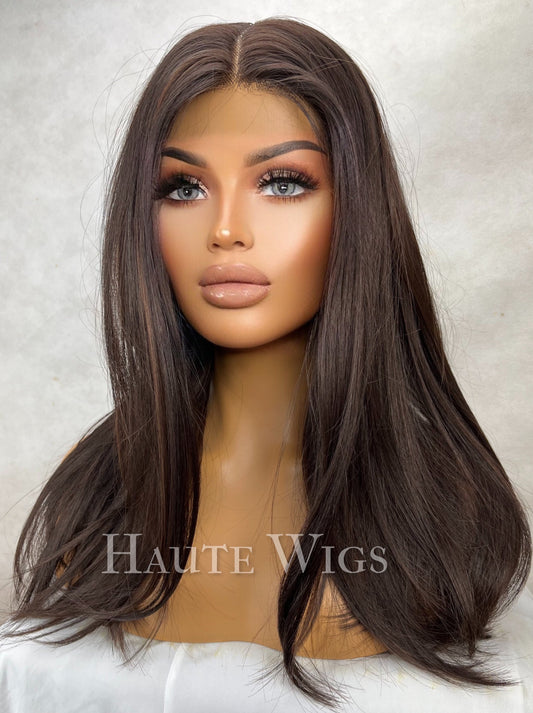 Long Layered Brown Wig: Golden Highlights, T-Part Lace Front, 20 Inch